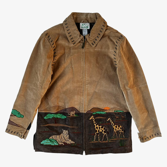 Vintage 90s Womens The Quaker Factory Animal Safari Embroidered Leather Jacket - Casspios Dream