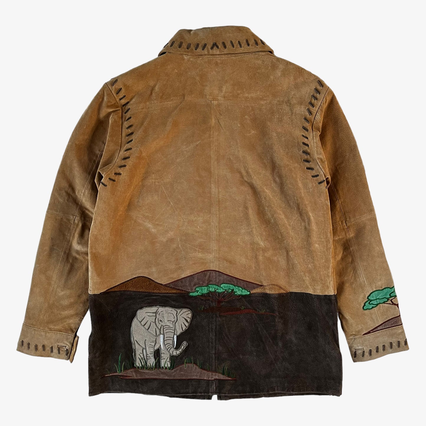 Vintage 90s Womens The Quaker Factory Animal Safari Embroidered Leather Jacket Back - Casspios Dream