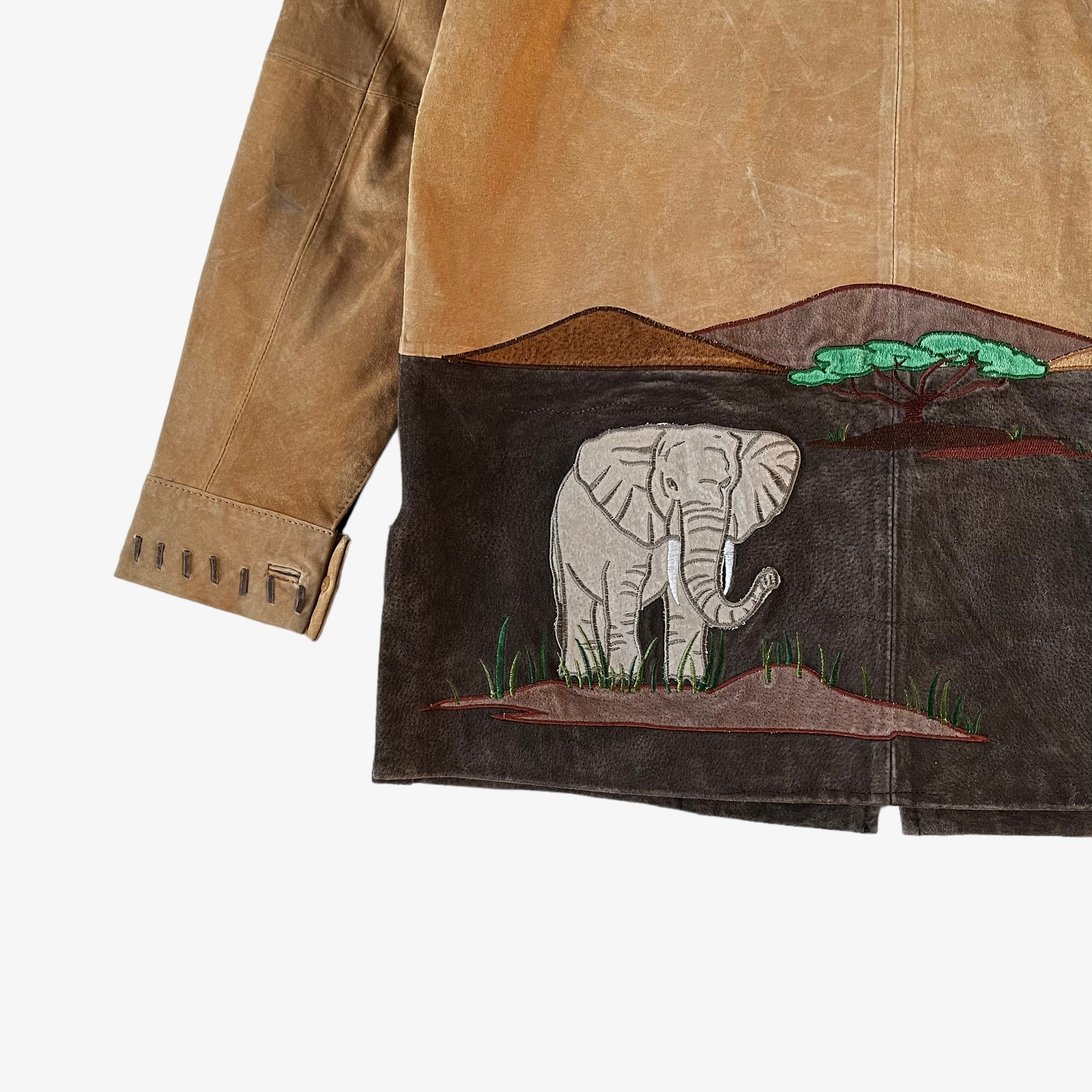 Vintage 90s Womens The Quaker Factory Animal Safari Embroidered Leather Jacket Elephant - Casspios Dream