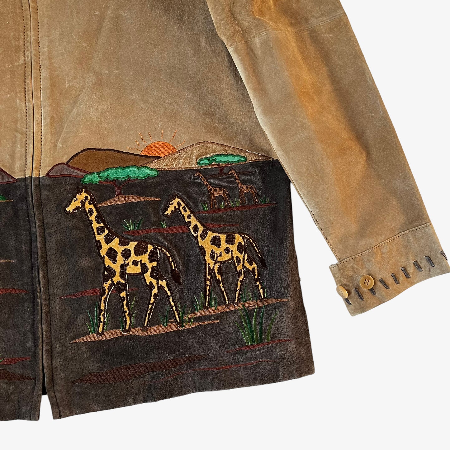 Vintage 90s Womens The Quaker Factory Animal Safari Embroidered Leather Jacket Giraffe - Casspios Dream