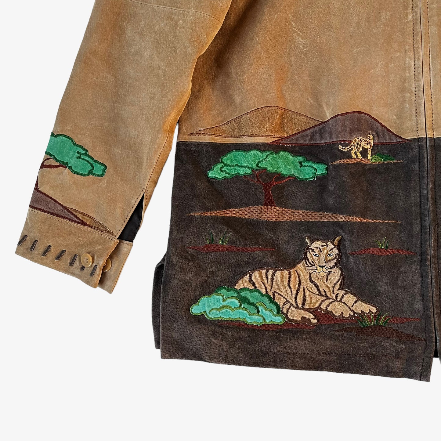Vintage 90s Womens The Quaker Factory Animal Safari Embroidered Leather Jacket Tiger - Casspios Dream