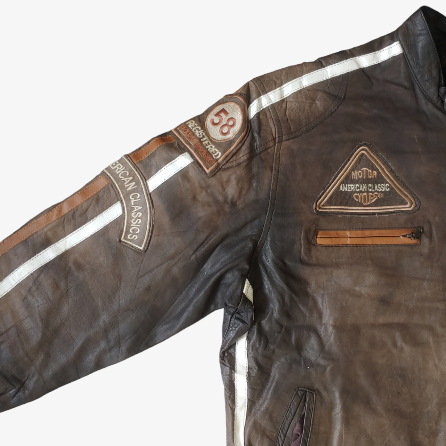 Vintage Y2K American Classics Brown Leather Biker Jacket Arm - Casspios Dream