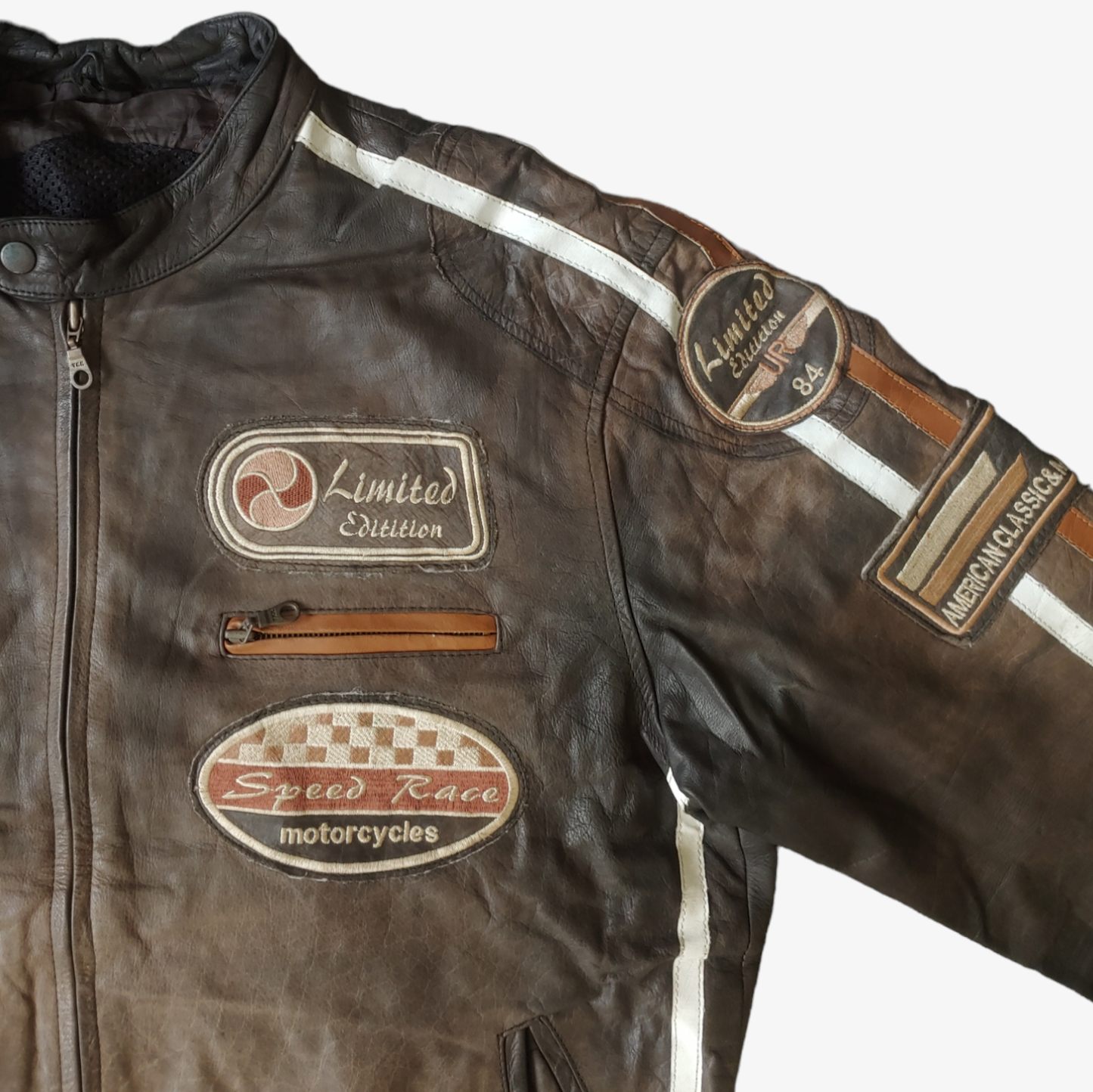 Vintage Y2K American Classics Brown Leather Biker Jacket Badge - Casspios Dream