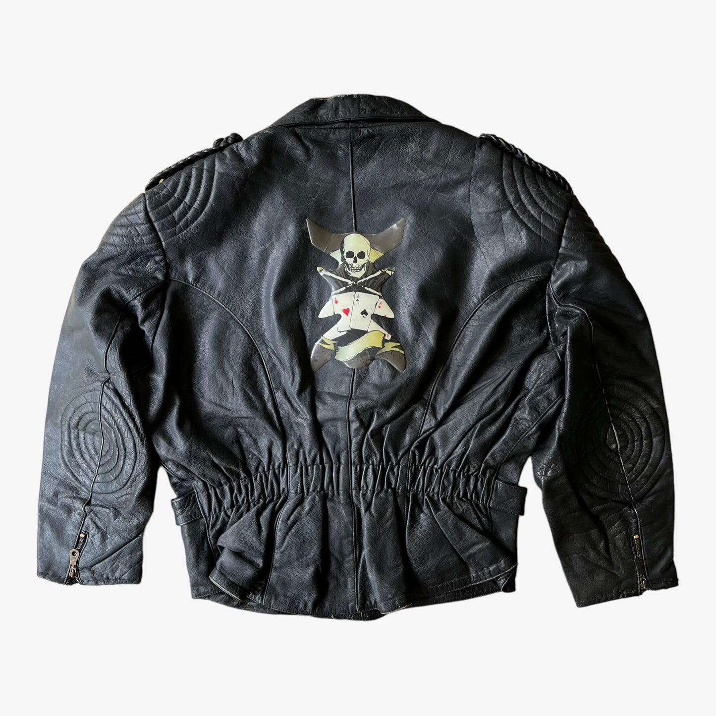 Vintage Y2K Black Point Skull & Playing Cards Leather Biker Jacket Back - Casspios Dream