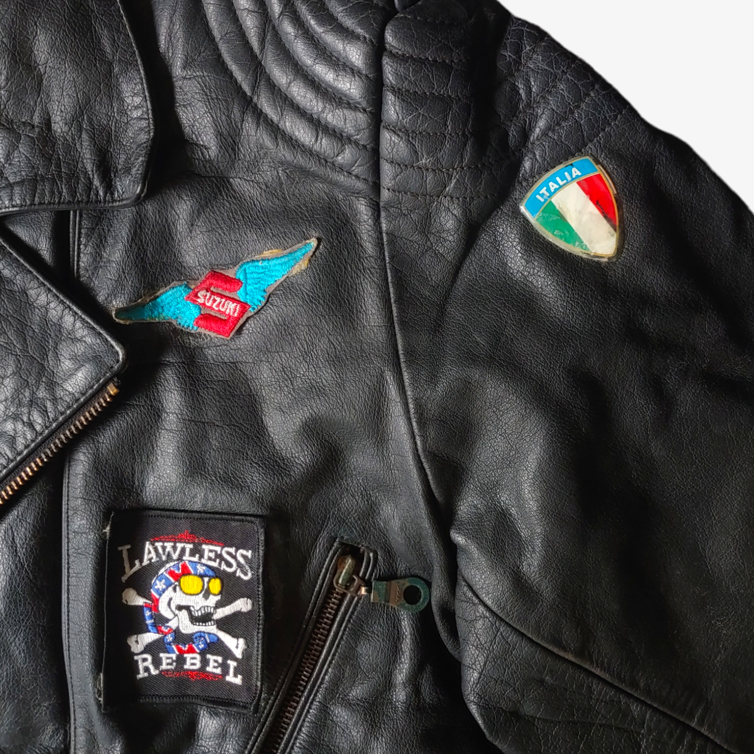 Vintage Y2K Black Point Skull & Playing Cards Leather Biker Jacket Badge - Casspios Dream