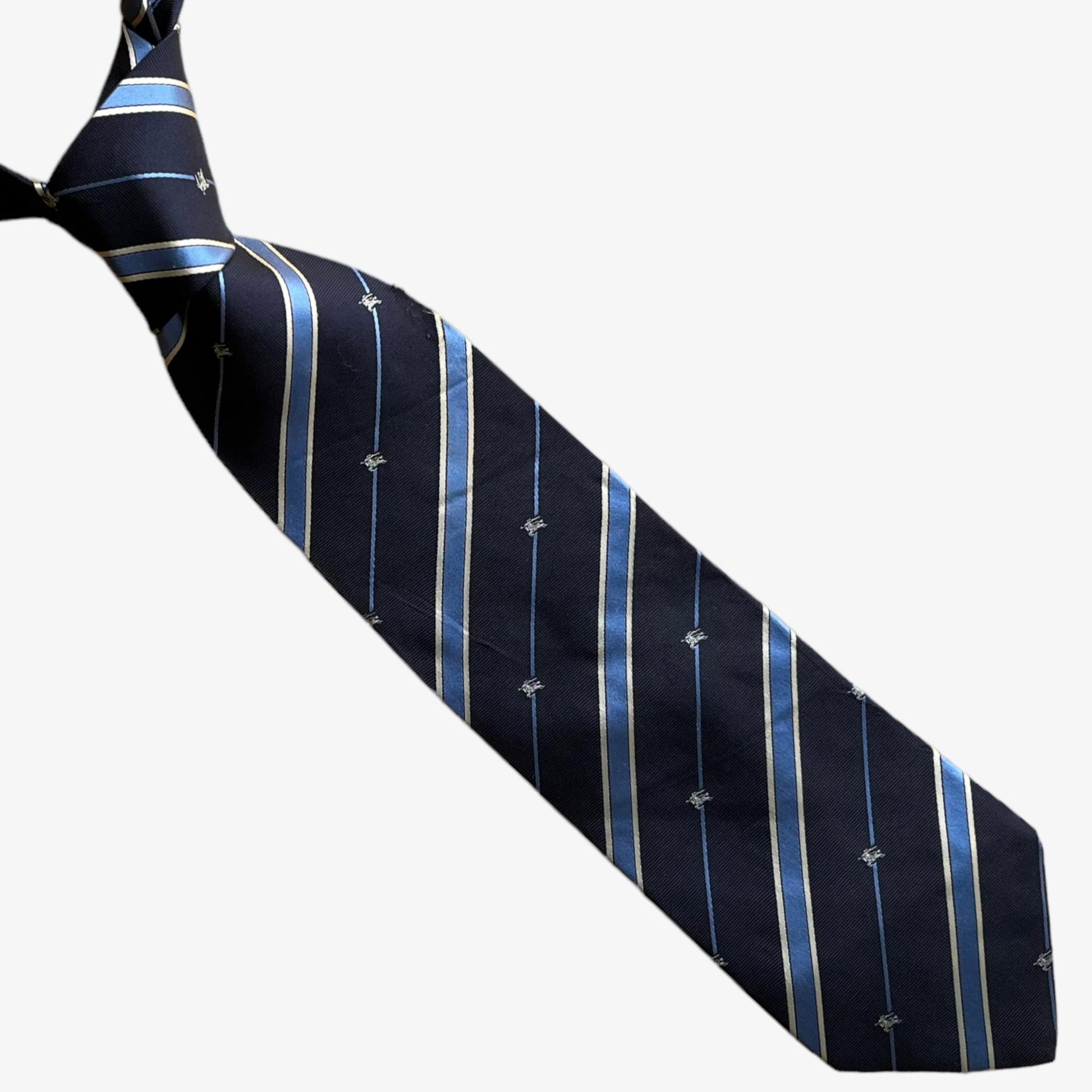 Vintage Y2K Burberry Knight Logo Navy Striped Silk Tie - Casspios Dream