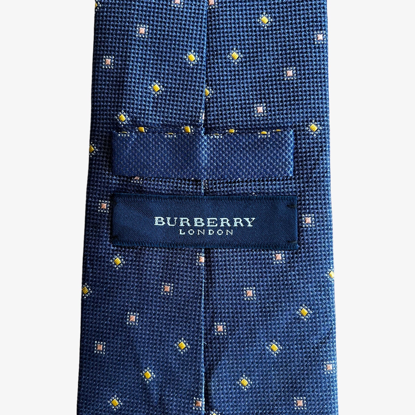 Vintage Y2K Burberry London Geometric Square Print Navy Silk Tie Label - Casspios Dream