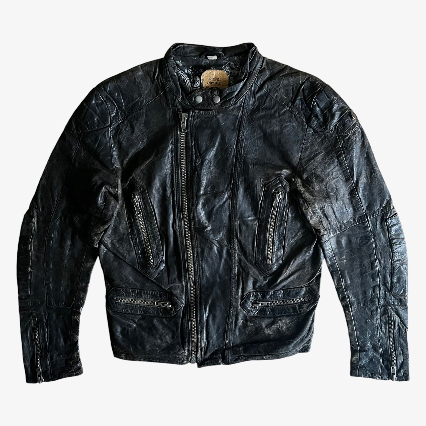 Vintage Y2K Diesel Amplified Stereotype Black Leather Biker Jacket - Casspios Dream