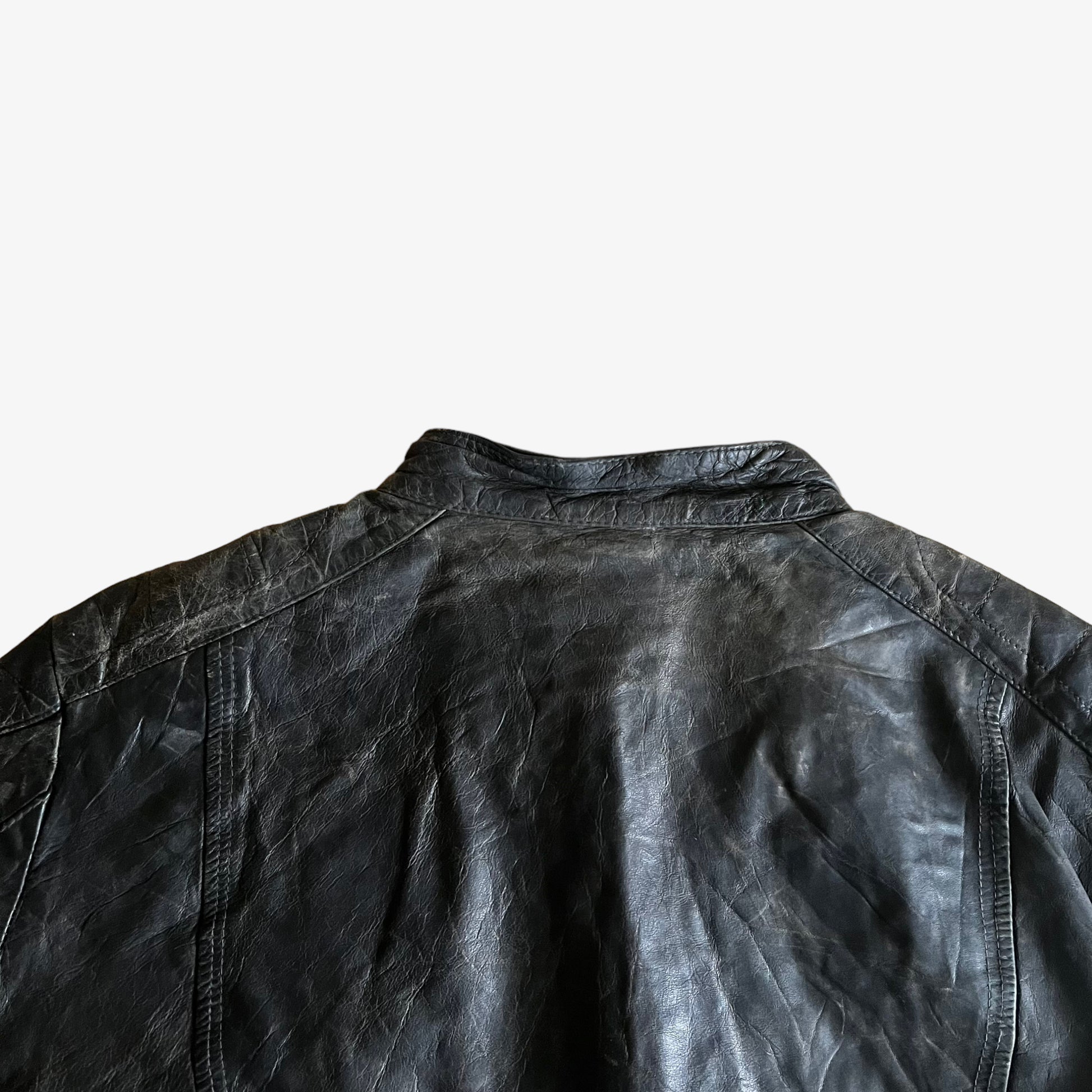 Vintage Y2K Diesel Amplified Stereotype Black Leather Biker Jacket Collar - Casspios Dream