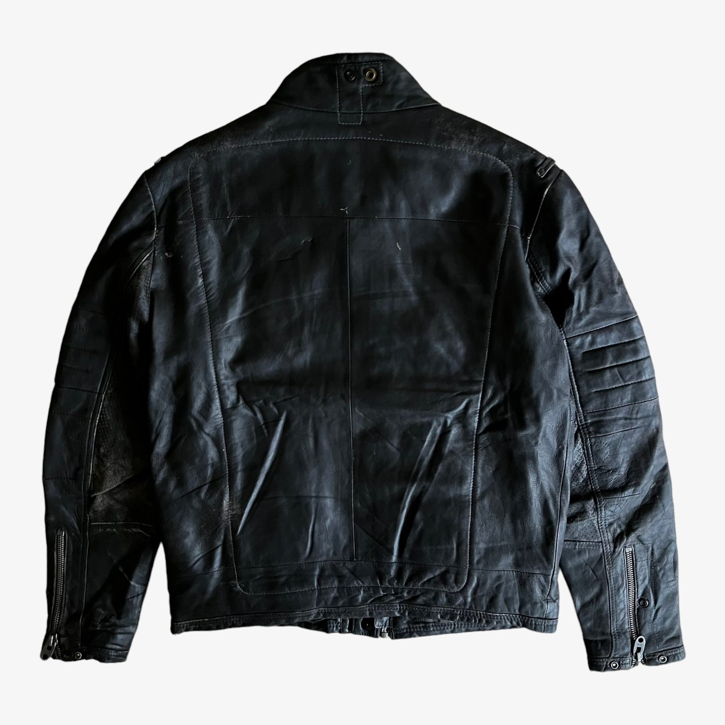 Vintage Y2K G-Star Raw Black Leather MFD Biker Jacket Back - Casspios Dream