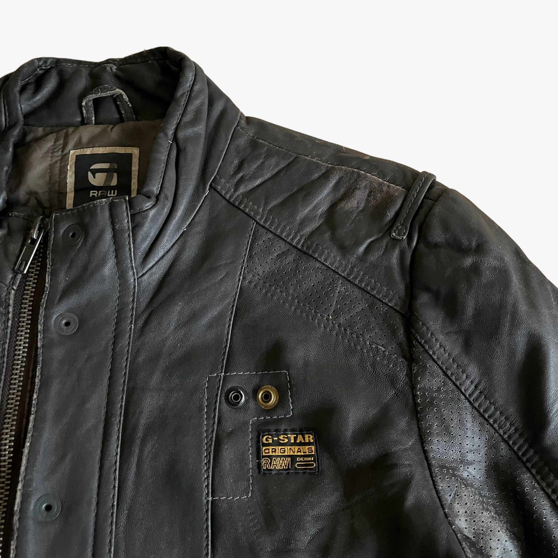 Vintage Y2K G-Star Raw Black Leather MFD Biker Jacket Tag - Casspios Dream