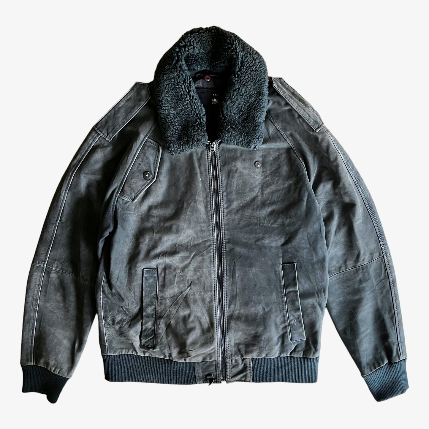 Vintage Y2K G-Star Raw Navy Leather Astron Pilot Jacket With Faux Fur Collar - Casspios Dream