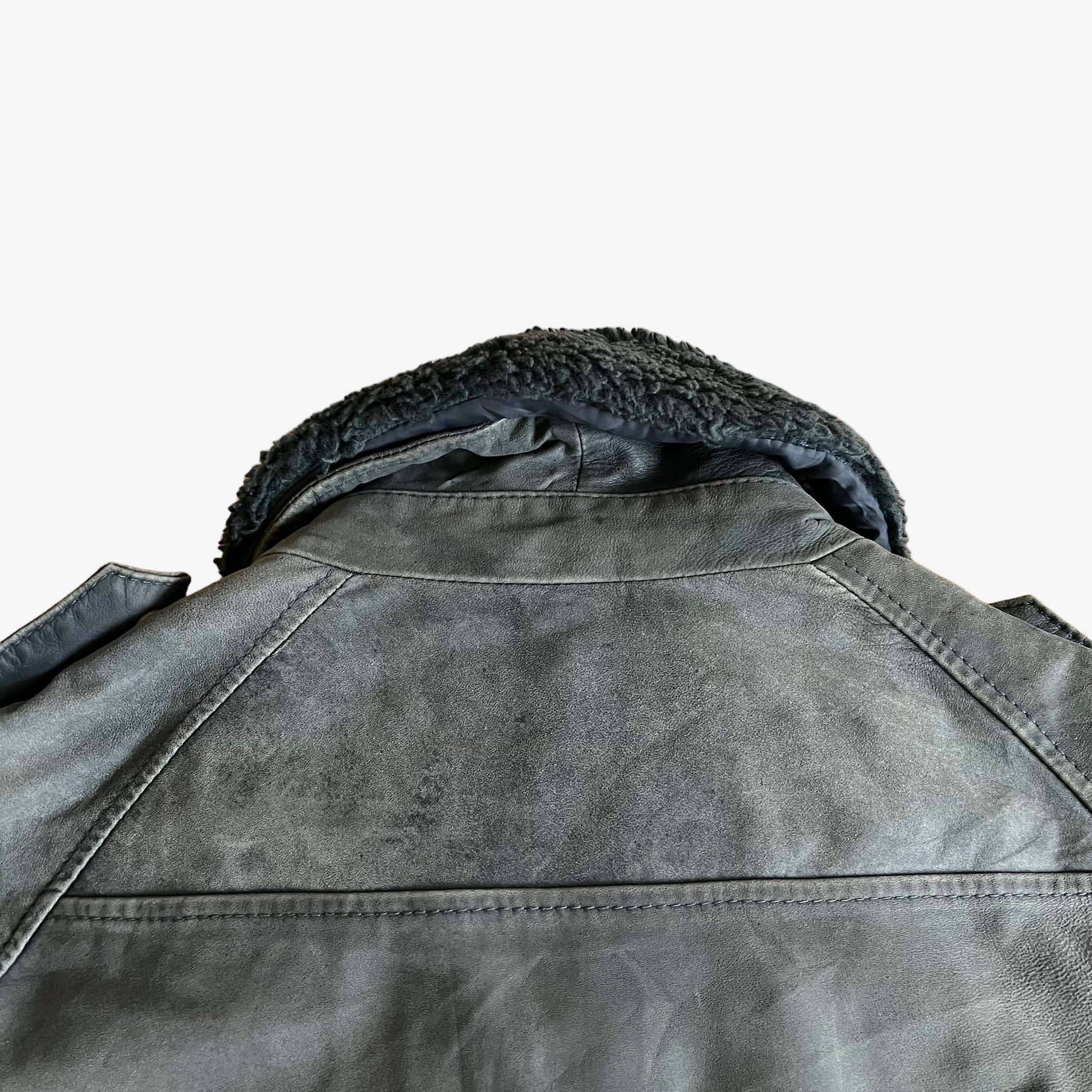 Vintage Y2K G-Star Raw Navy Leather Astron Pilot Jacket With Faux Fur Collar Back Collar - Casspios Dream