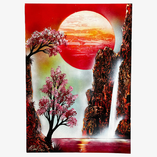 Vintage Y2K Red Moon Waterfall Painting Dated 2004 - Casspios Dream