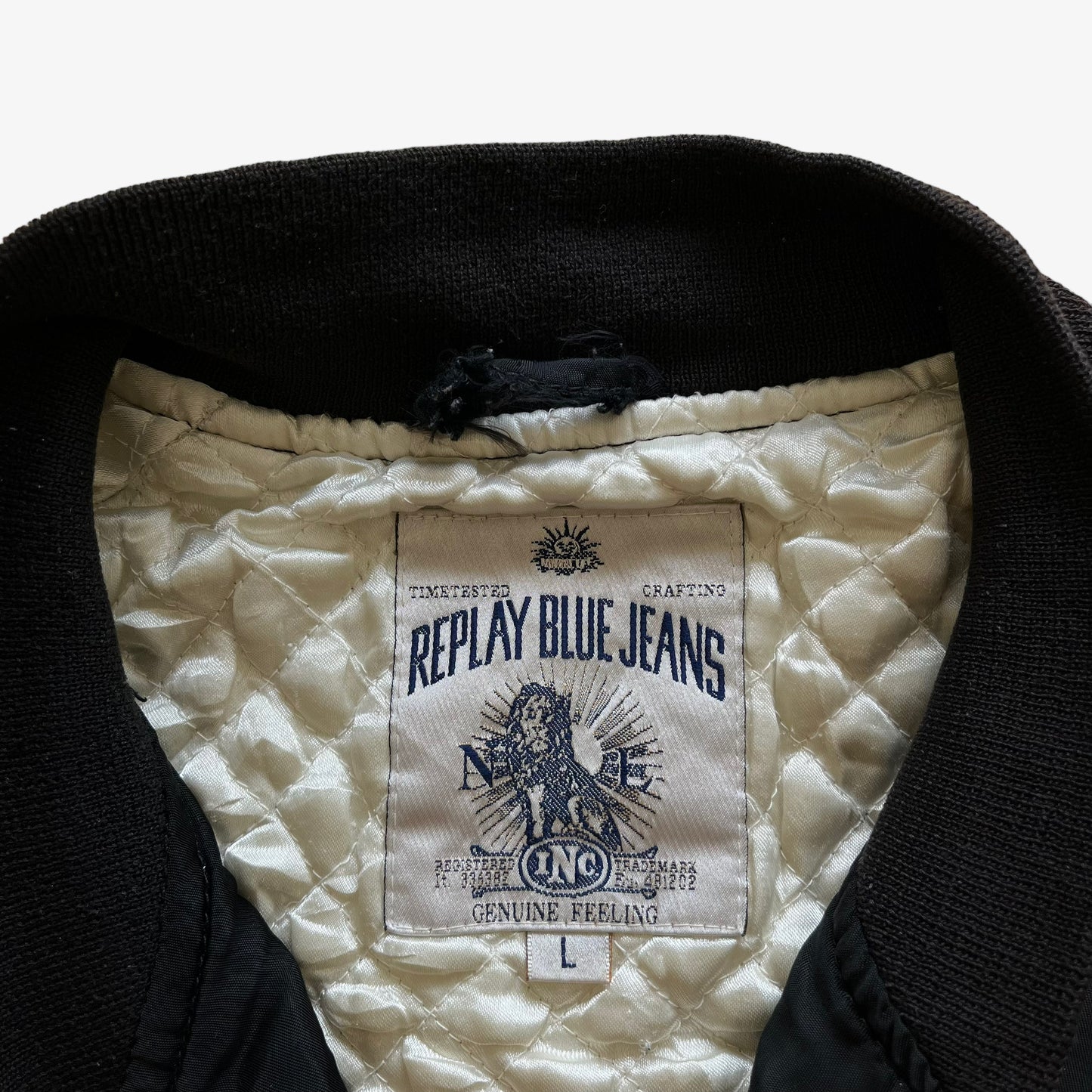 Vintage Y2K Replay Blue Jeans Black Bomber Jacket Label - Casspio's Dream