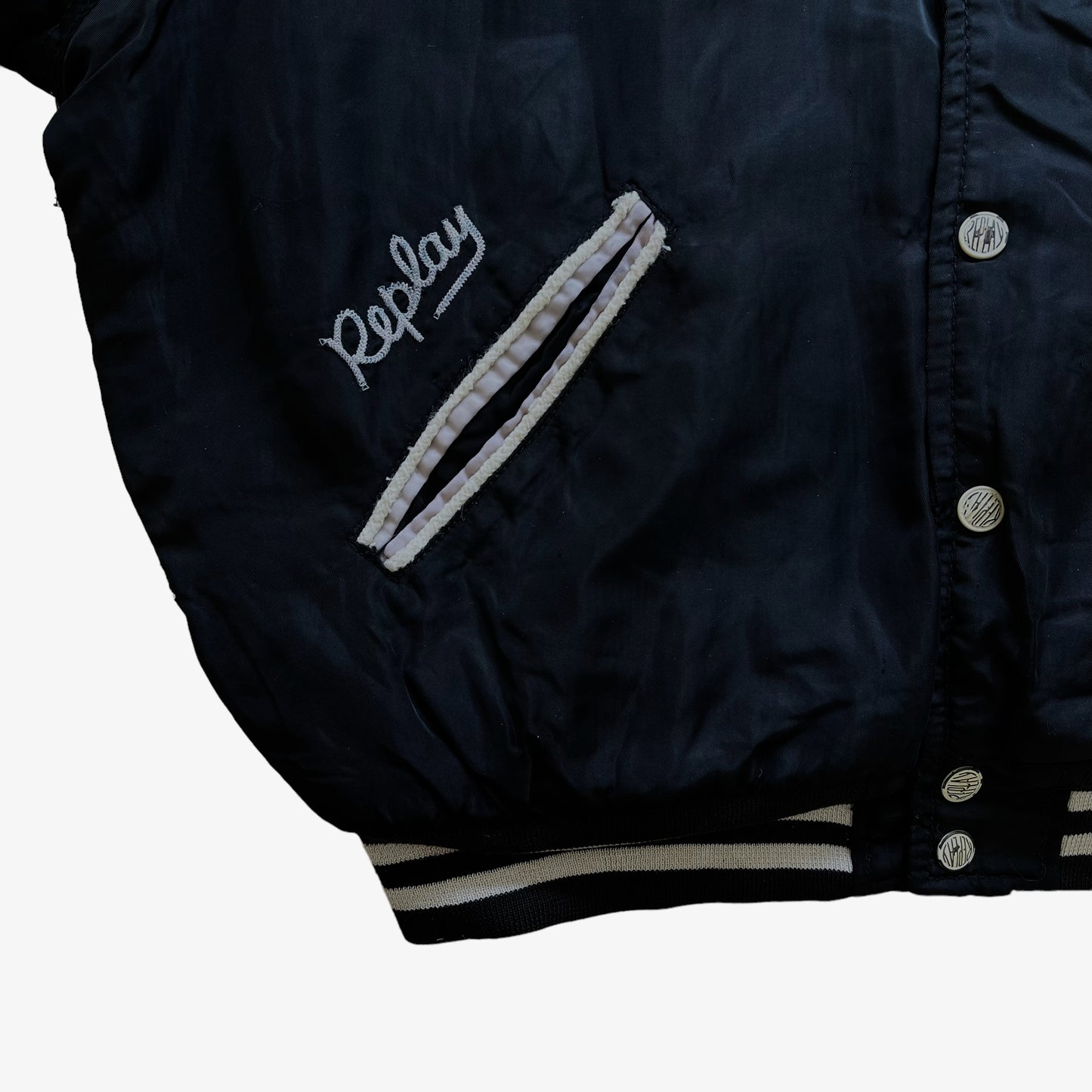 Vintage Y2K Replay Blue Jeans Black Bomber Jacket Logo - Casspio's Dream