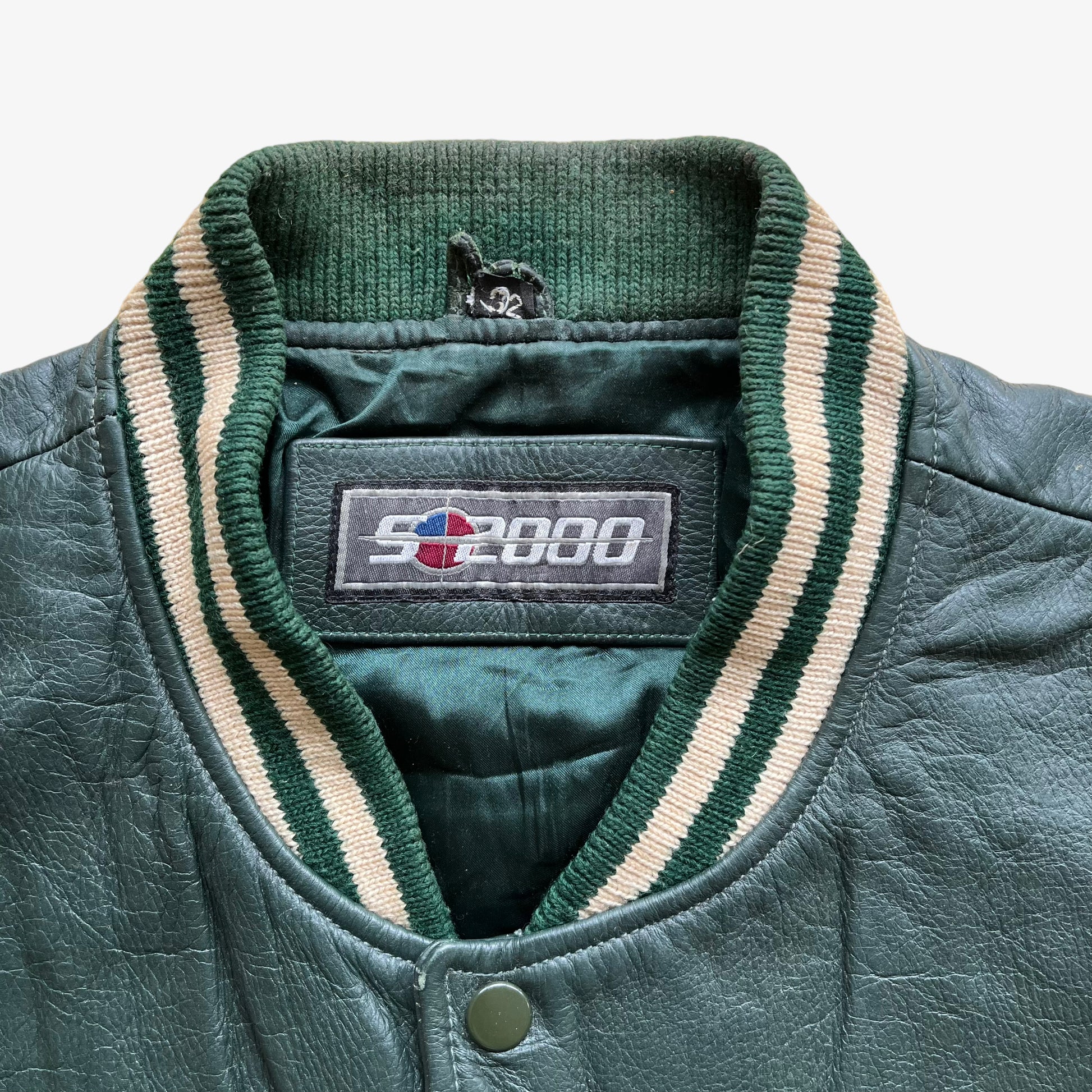 Vintage Y2K S-2000 Green Leather Varsity Letterman Baseball Jacket Label - Casspios Dream
