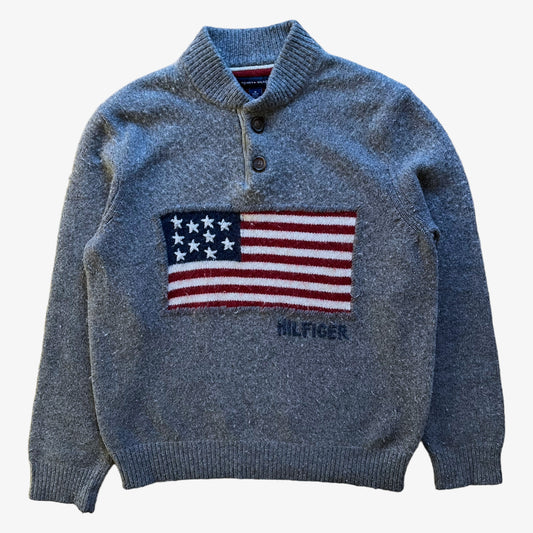 Vintage Y2K Tommy Hilfiger USA Flag Grey Wool Blend Jumper - Casspios Dream