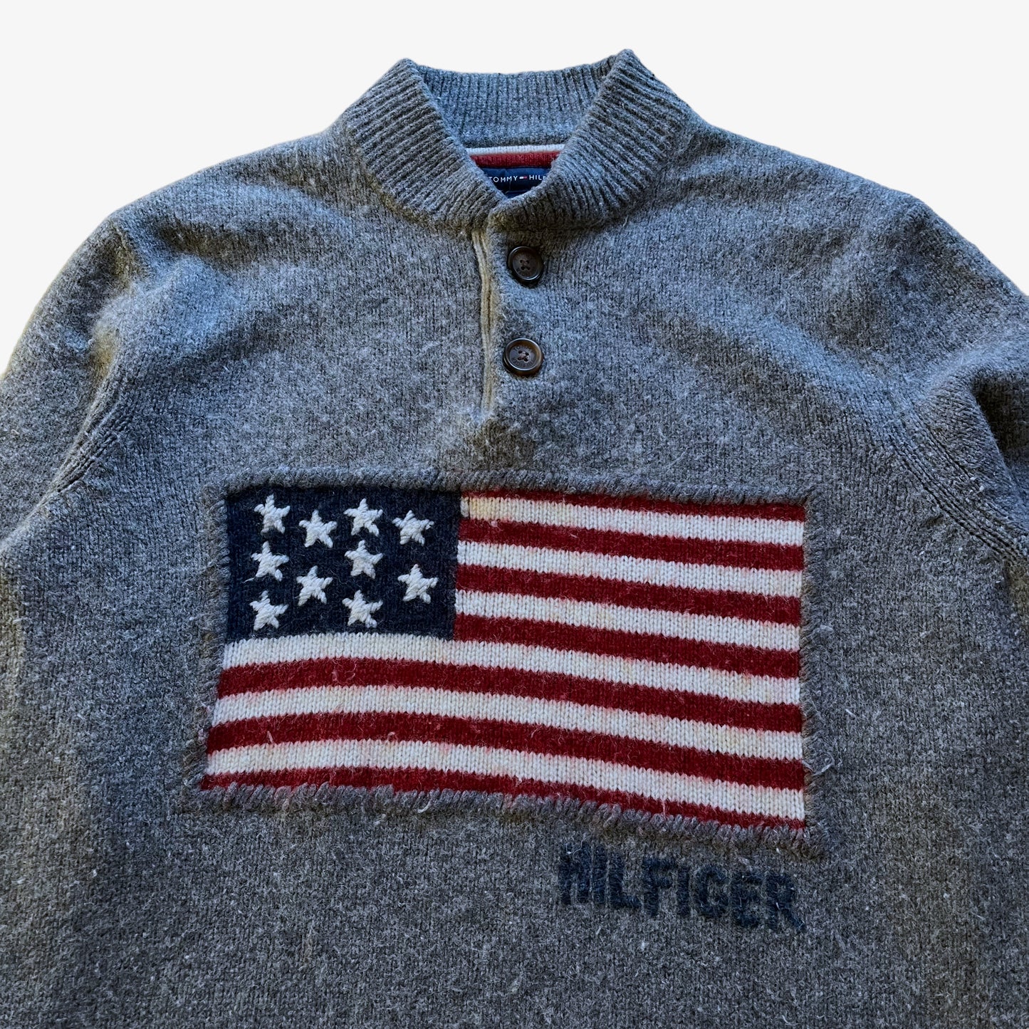 Vintage Y2K Tommy Hilfiger USA Flag Grey Wool Blend Jumper Logo - Casspios Dream