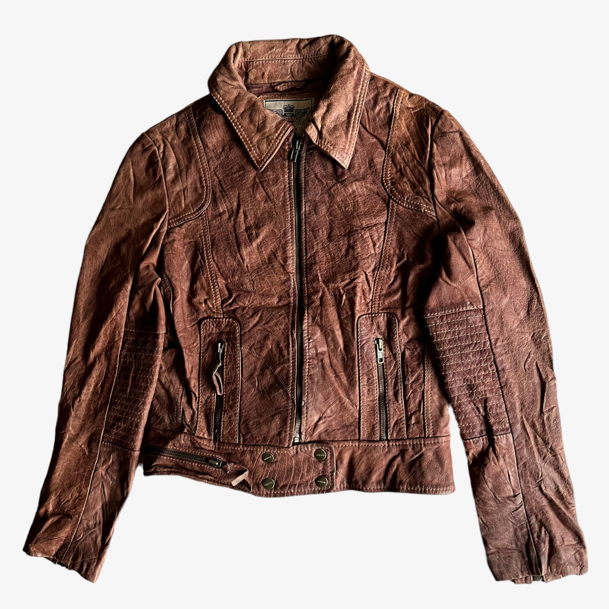Vintage Y2K Womens Redskins Brown Leather Biker Jacket With Back Spell Out - Casspios Dream