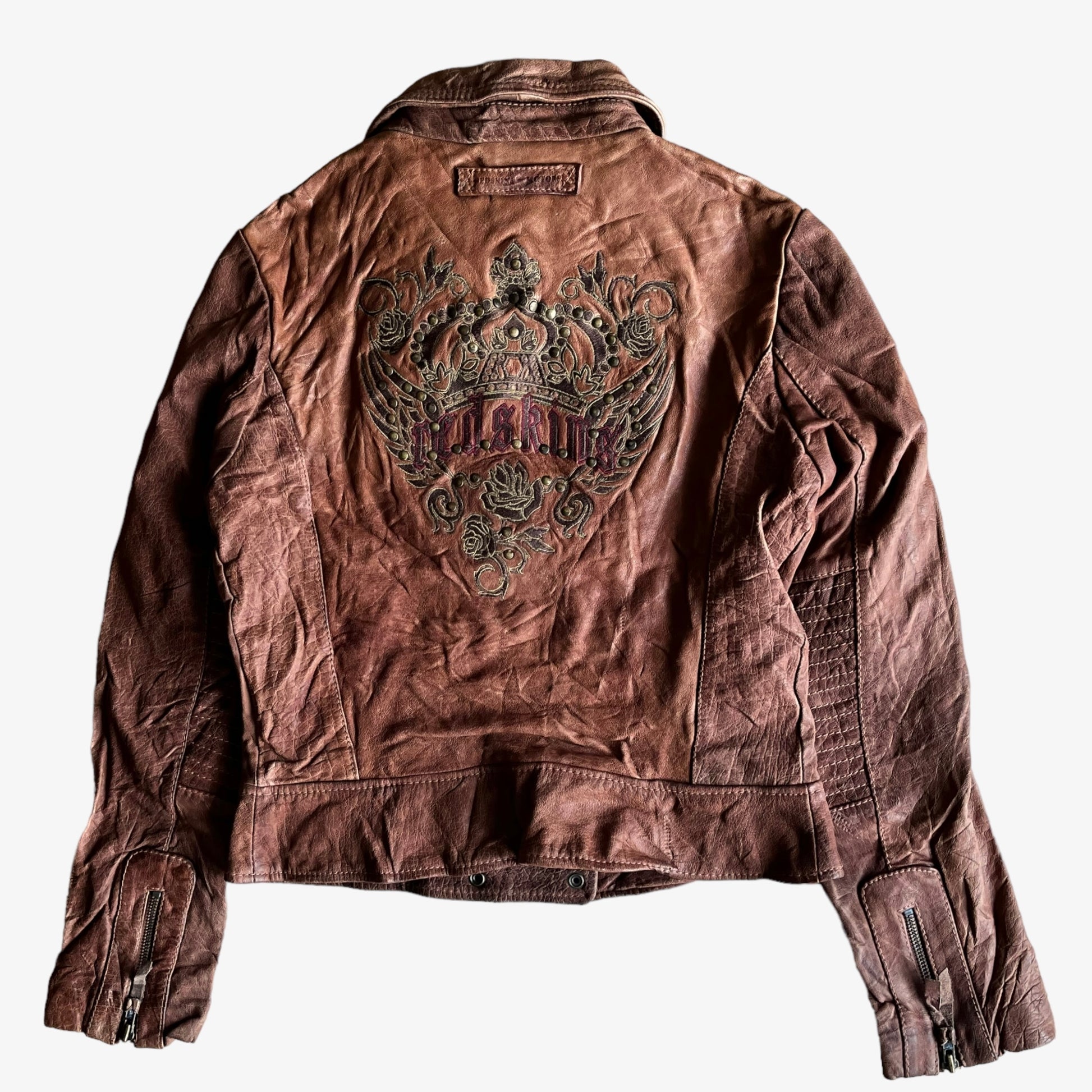 Vintage Y2K Womens Redskins Brown Leather Biker Jacket With Back Spell Out Back - Casspios Dream