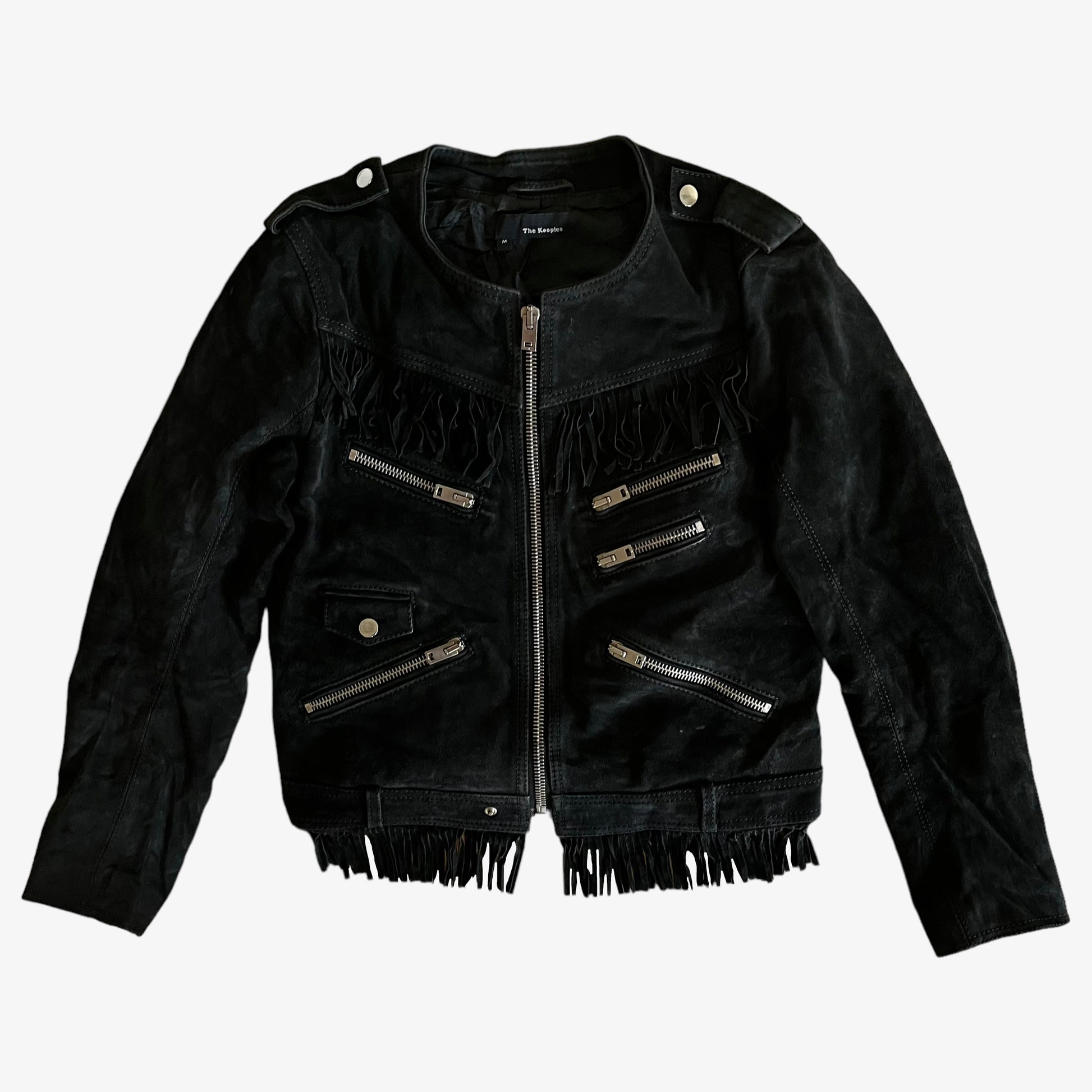 Vintage Y2K Womens The Kooples Black Leather Tassel Biker Jacket - Casspios Dream