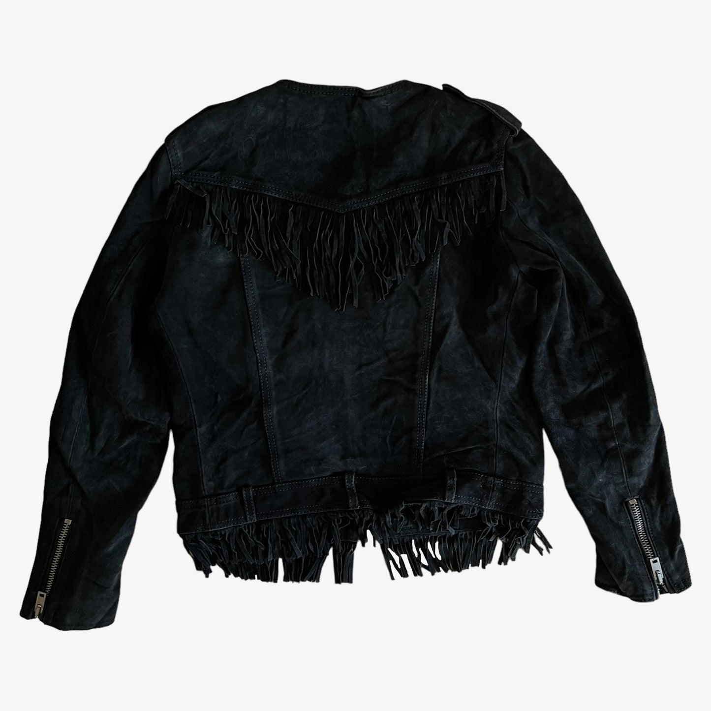 Vintage Y2K Womens The Kooples Black Leather Tassel Biker Jacket Back - Casspios Dream