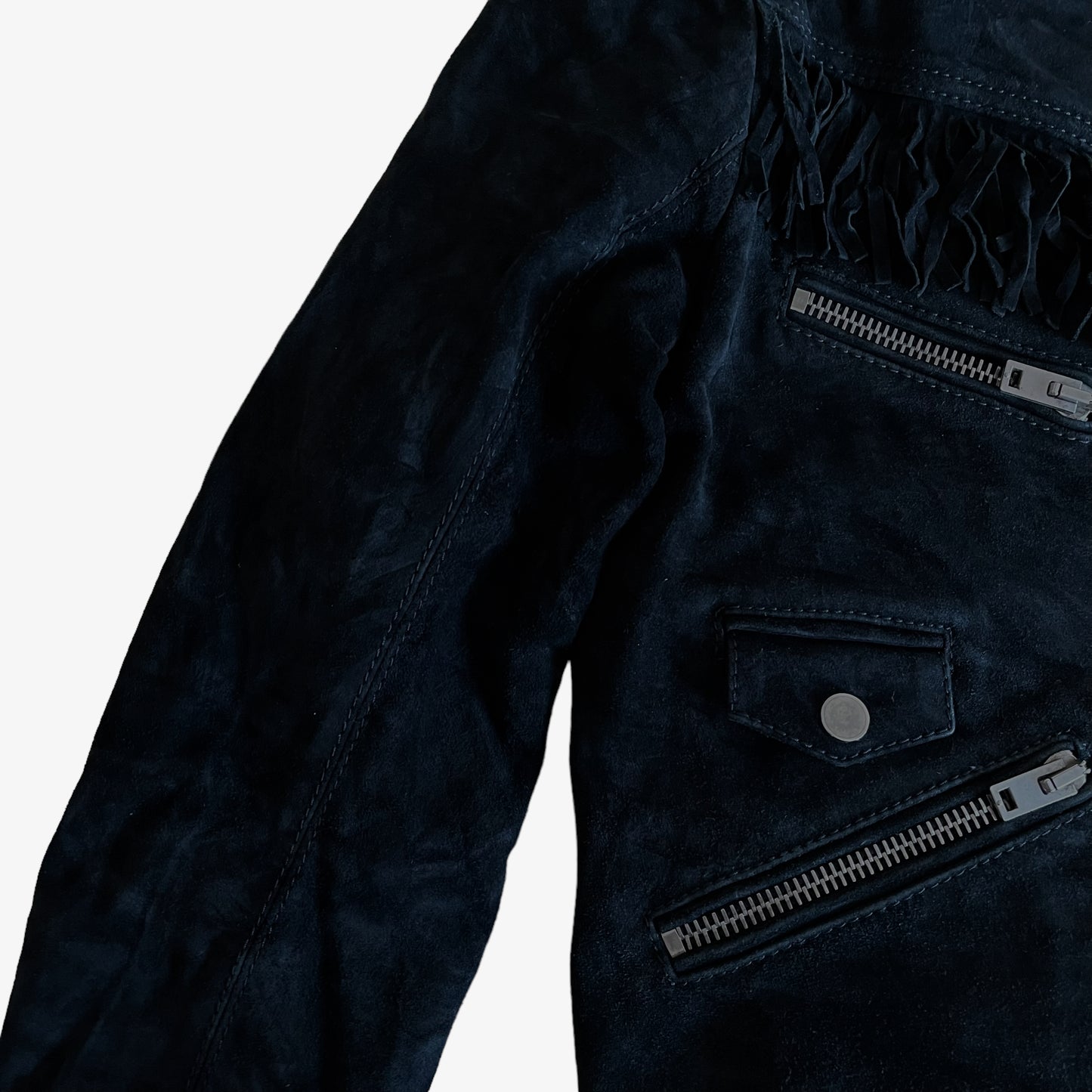 Vintage Y2K Womens The Kooples Black Leather Tassel Biker Jacket Pit - Casspios Dream