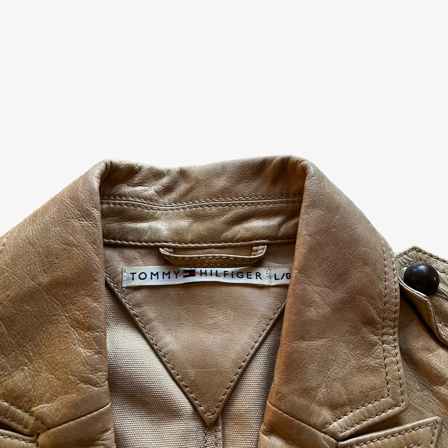 Vintage Y2K Womens Tommy Hilfiger Beige Leather Jacket With Original Belt Label - Casspios Dream