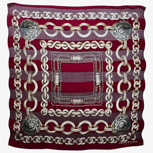 Vintage 80s women's Pierre Balmain Chong Wa Dae royal medallion chain print red silk scarf.