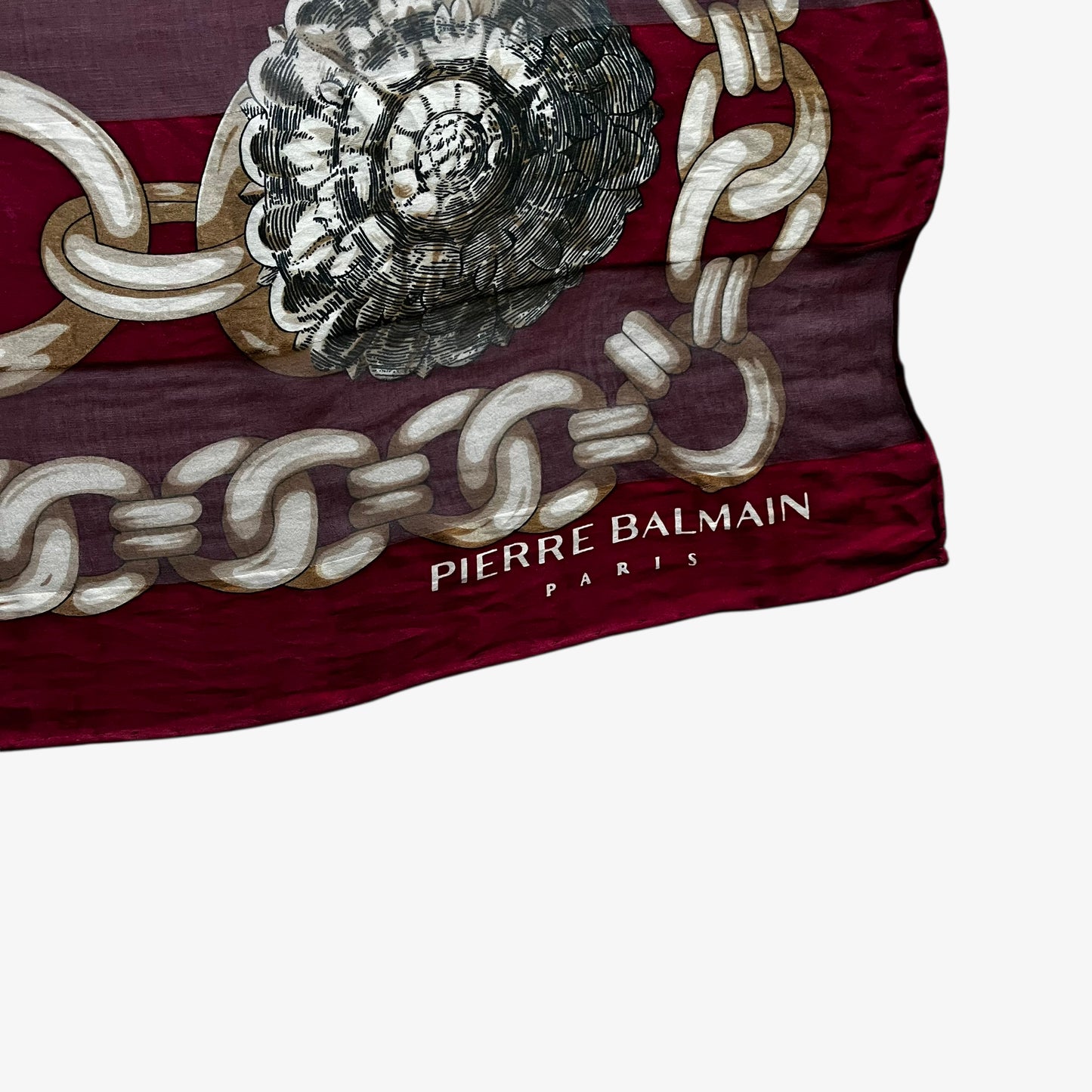 Pierre Balmain Paris logo printed on vintage 80s women's Chong Wa Dae royal medallion chain print red silk scarf.