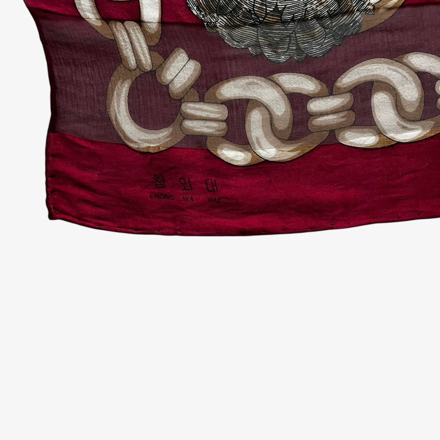 Chong Wa Dae stamp on vintage 80s women's Pierre Balmain royal medallion chain print red silk scarf.