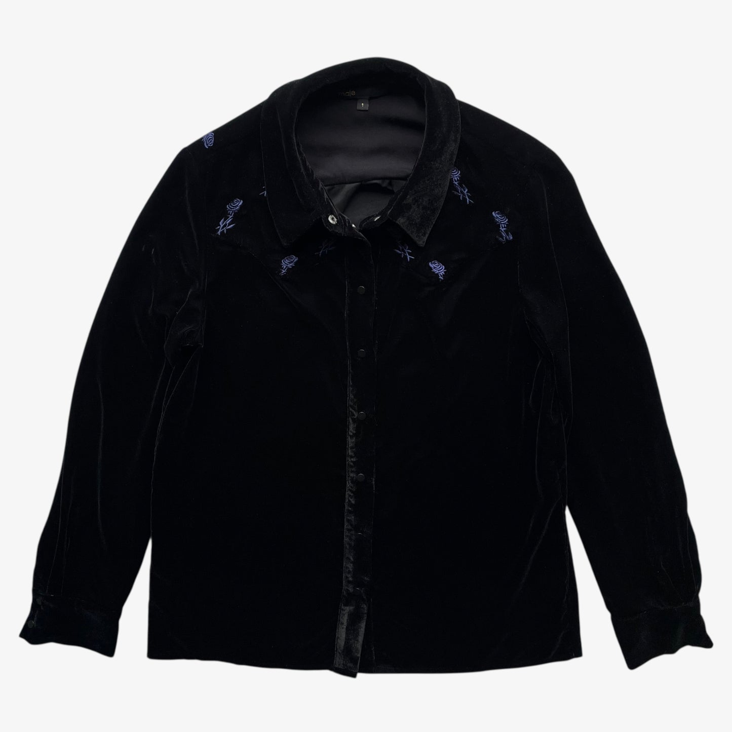 Women's Maje black velour shirt with embroidered floral details on a white background.
