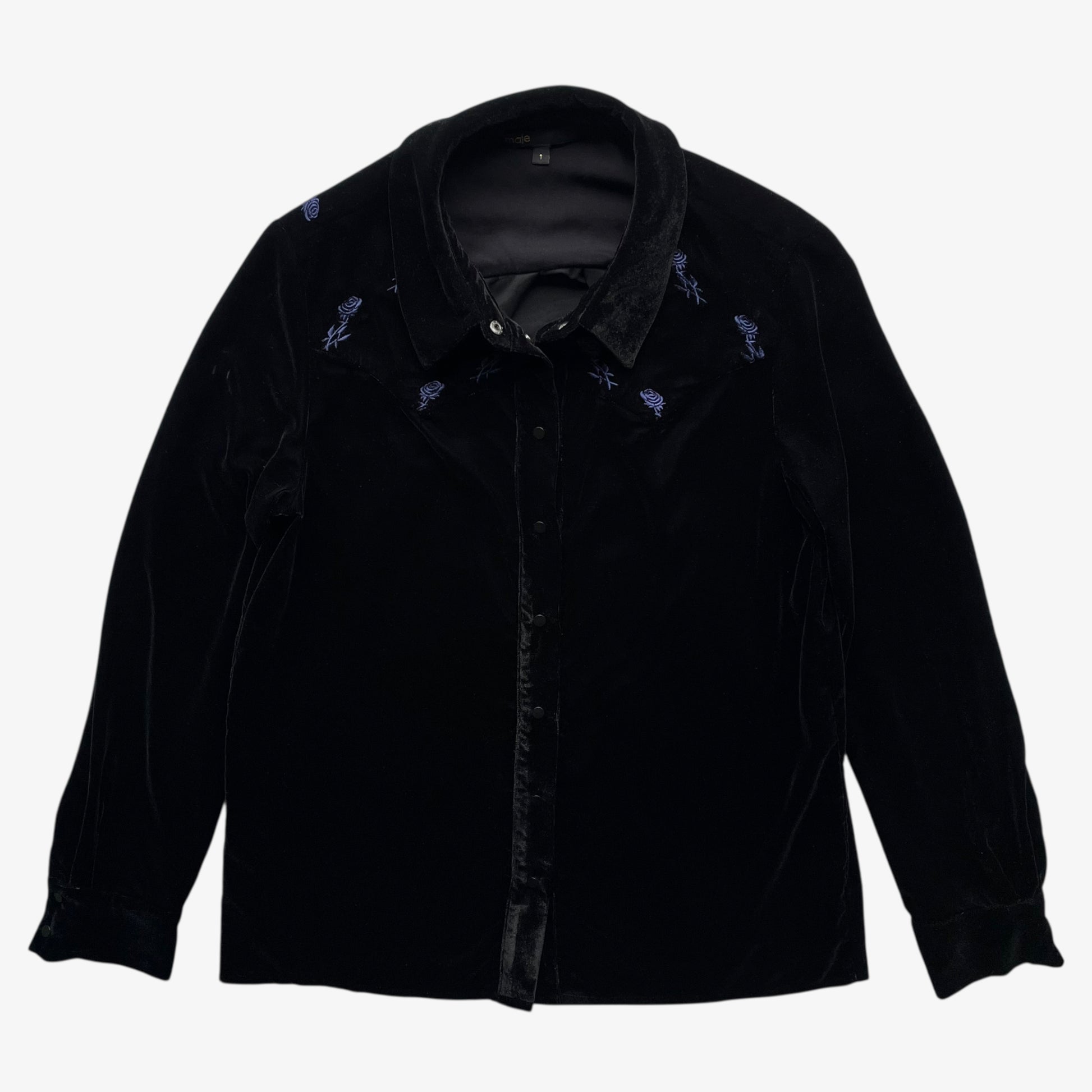 Women's Maje black velour shirt with embroidered floral details on a white background.