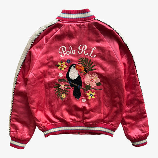 Womens Polo Ralph Lauren Coral Satin Sukajan Souvenir Jacket With Embroidered Tropical Toucan Bird Brand New With Tags Back - Casspios Dream