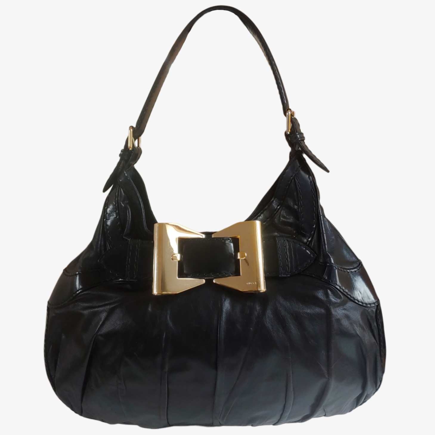 Gucci Queen Hobo Dialux Black Leather Buckle Shoulder Bag 189884 002058 - Casspios Dream