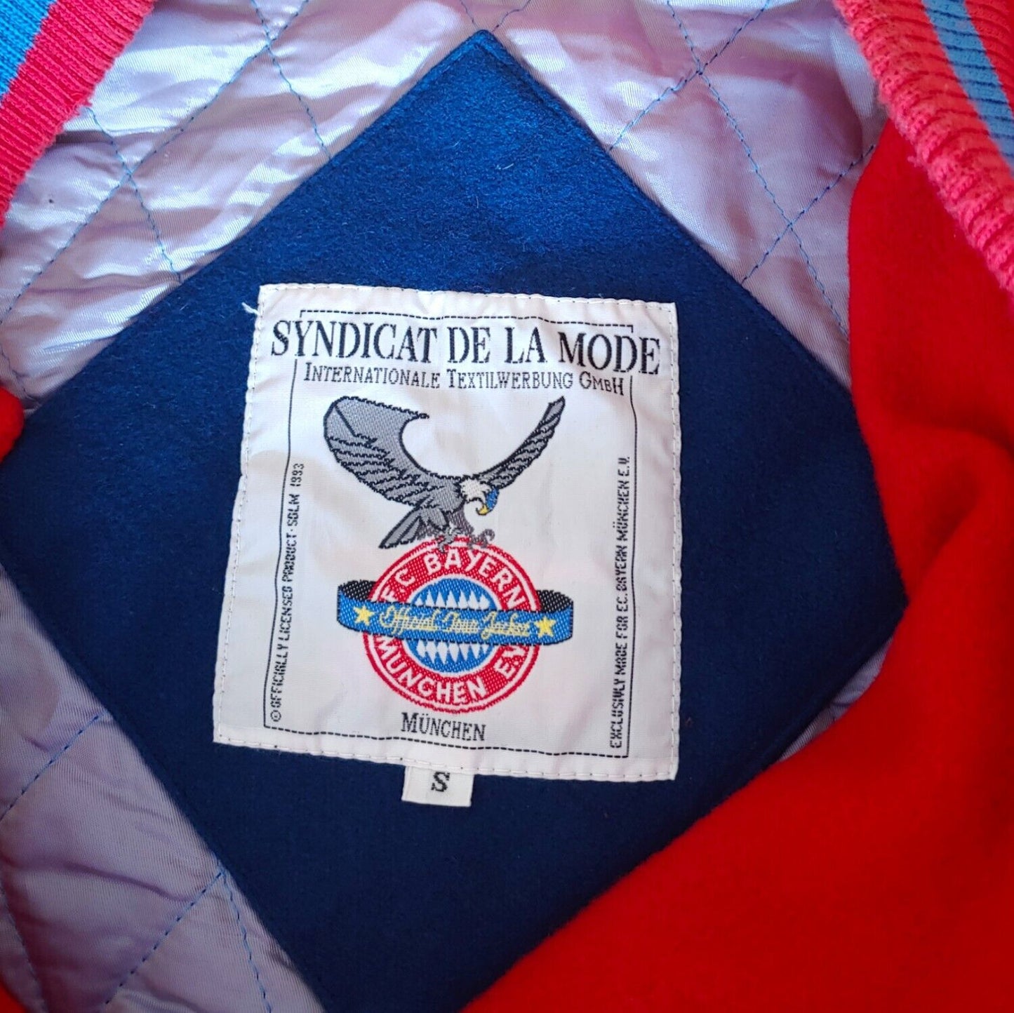 Vintage 1993 Bayern Munich Munchen Football Club Red & Blue Wool Varsity Jacket Label - Casspios Dream
