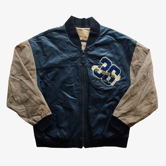 Vintage 90s Pepe 36 Championship navy leather varsity jacket with embroidered breast logo and letterman design.