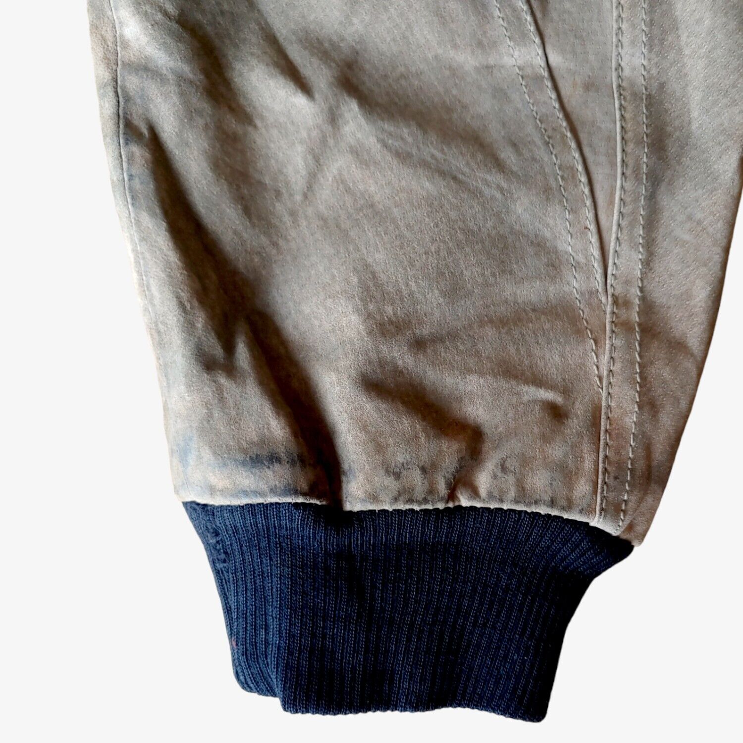 Ribbed cuff of vintage 90s Pepe 36 Championship navy leather varsity jacket.