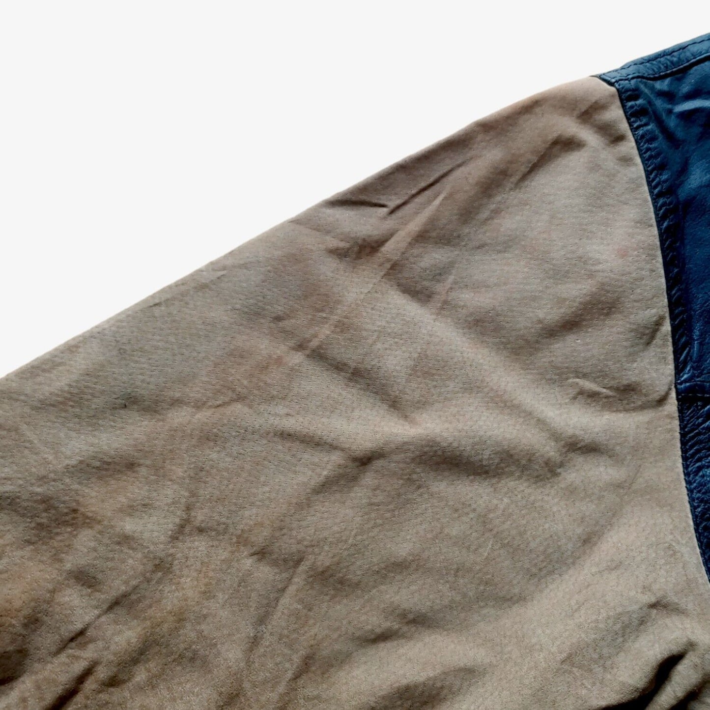 Wear on vintage 90s Pepe 36 Championship navy leather varsity jacket.