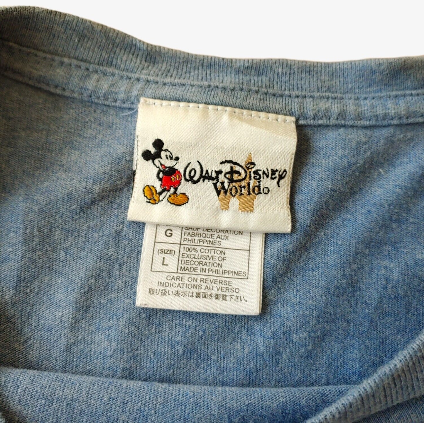 Label of vintage 90s Walt Disney World Mickey Mouse t-shirt.