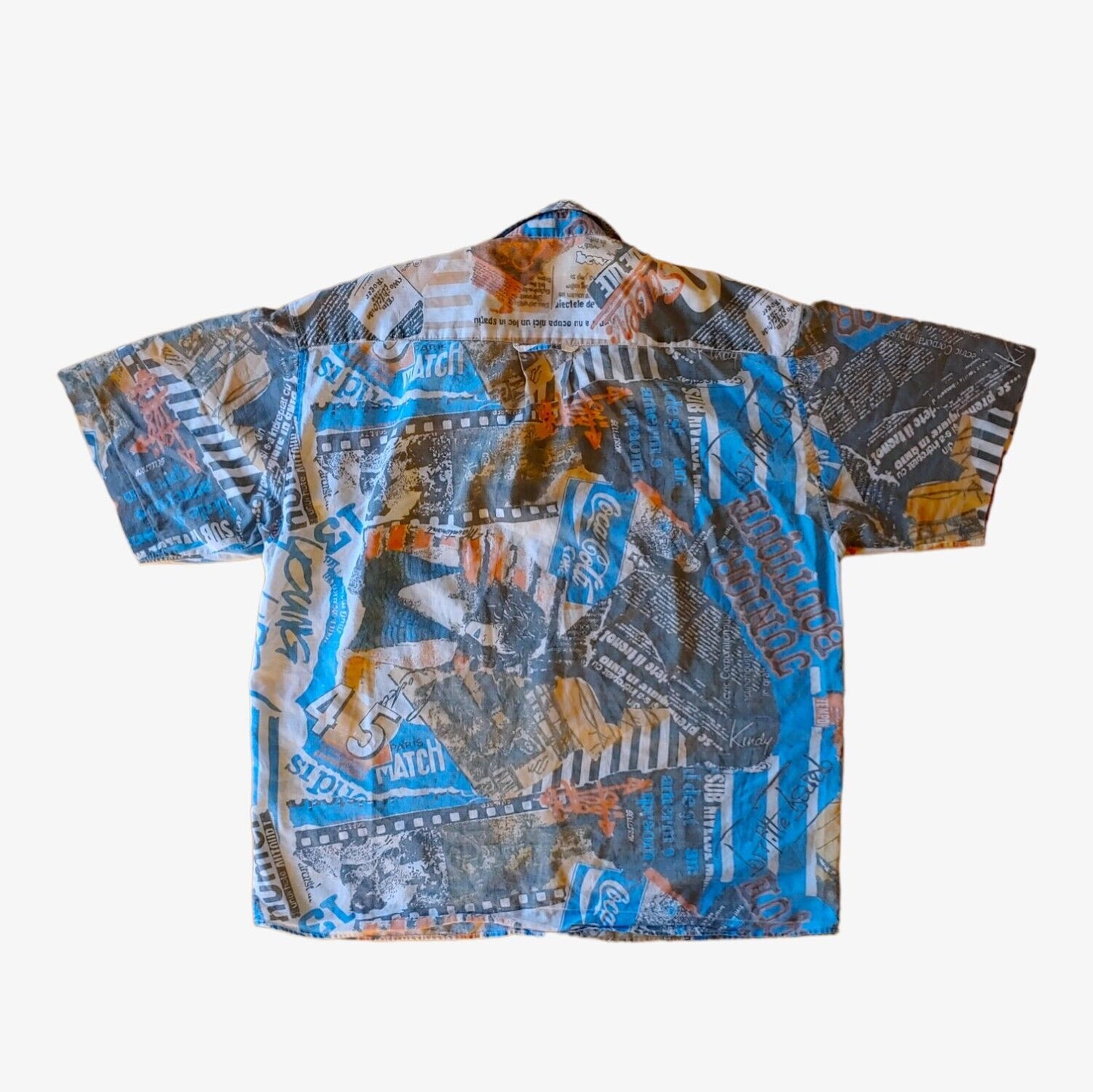 Vintage 90s Tirnava All Over Magazine Print Short Sleeve Shirt Back - Casspios Dream