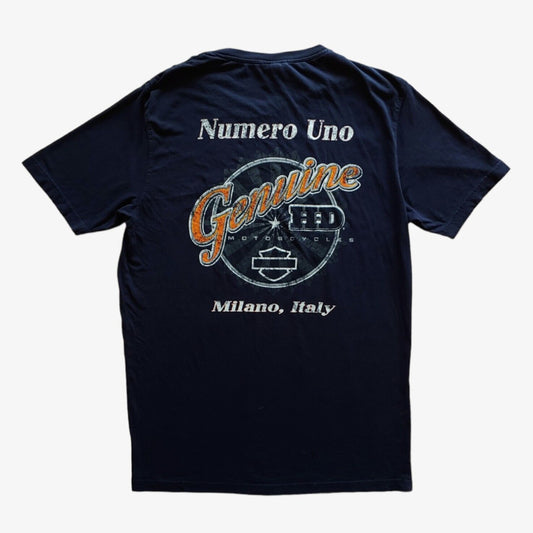 Harley Davidson Numero Uno double-sided print t-shirt in black, showcasing the back graphic with the text 'Numero Uno Genuine Milano, Italy' along with the Harley Davidson logo.