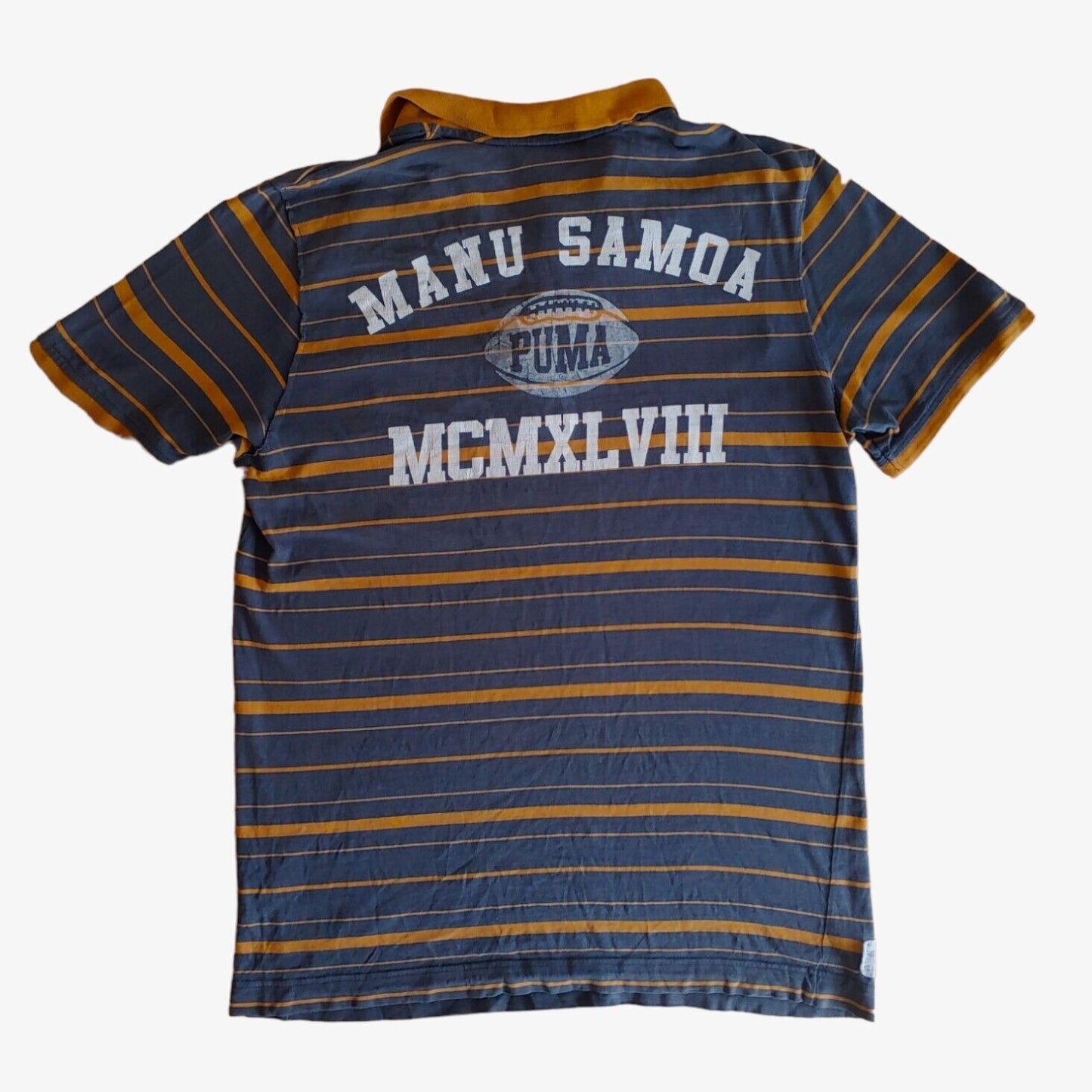 Back of vintage Y2K Puma Manu Samoa New Zealand striped rugby polo shirt.