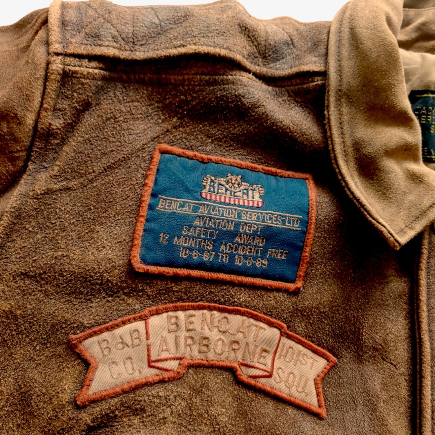 Vintage 1989 Bencat Aviation Service Brown Leather Pilot Jacket Crest - Casspios Dream