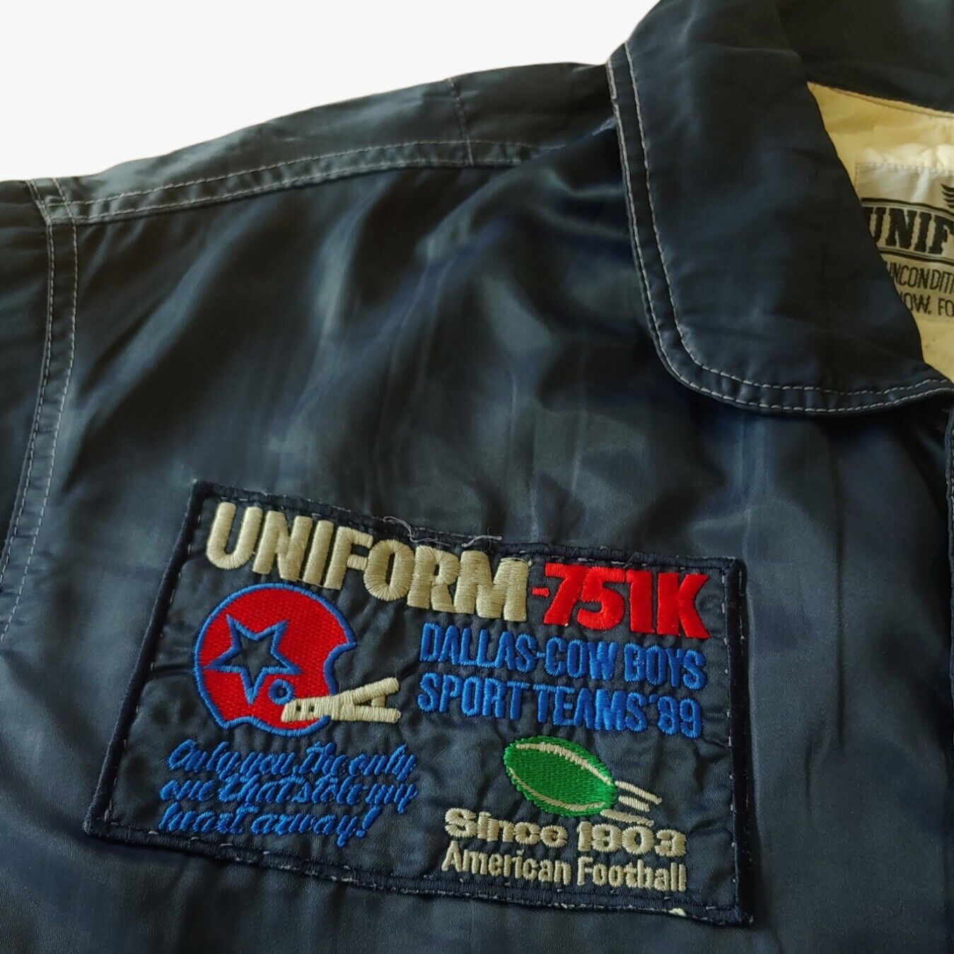 Vintage 1989 Uniform x Dallas Cowboys NFL Blue Satin Football Varsity Jacket Logo - Casspios Dream