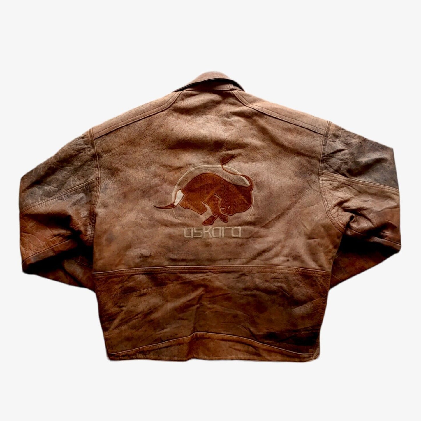 Vintage 1990s Askara Paris Leather Biker Jacket With Big Back Embroidered Bull - Casspios Dream