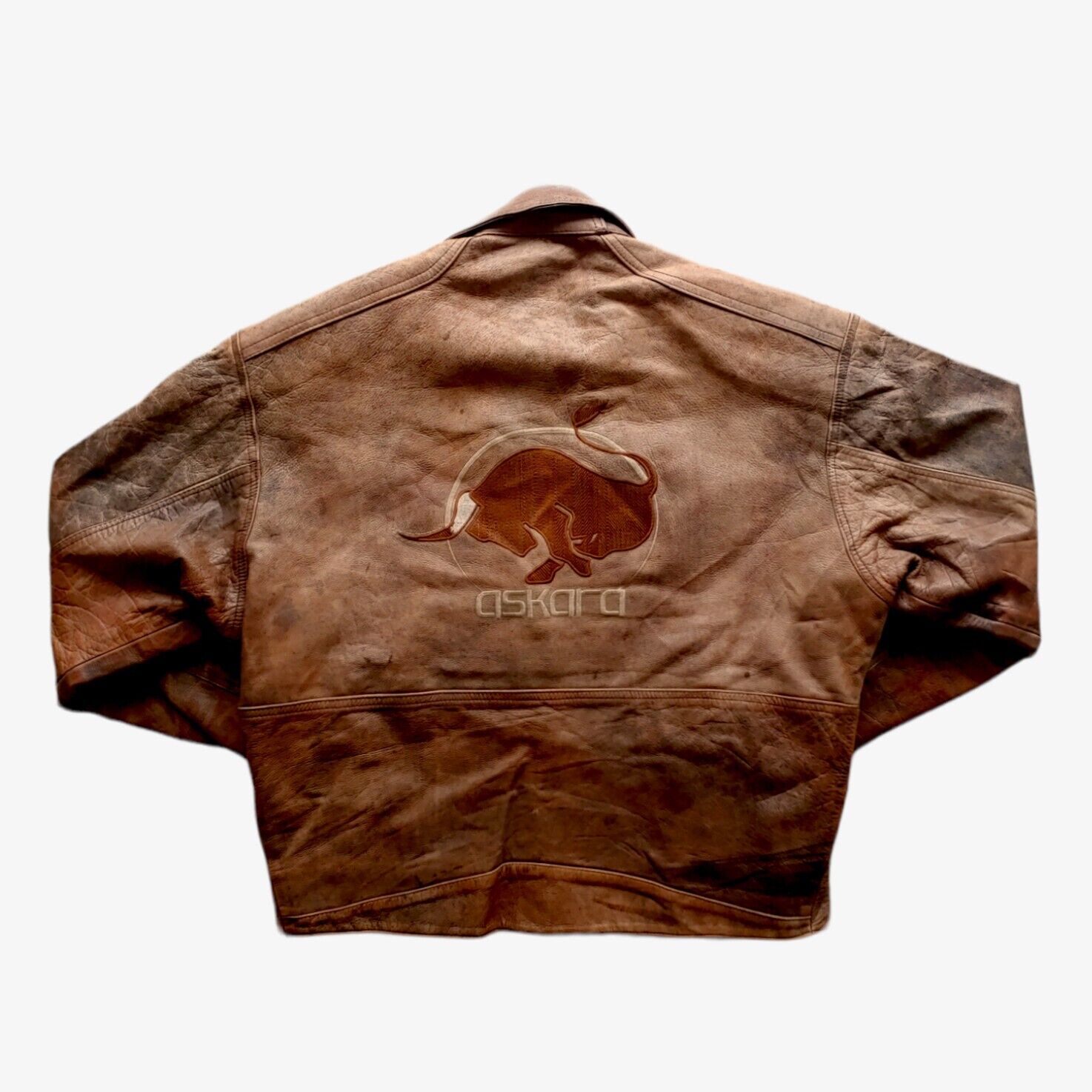 Vintage 1990s Askara Paris Leather Biker Jacket With Big Back Embroidered Bull - Casspios Dream