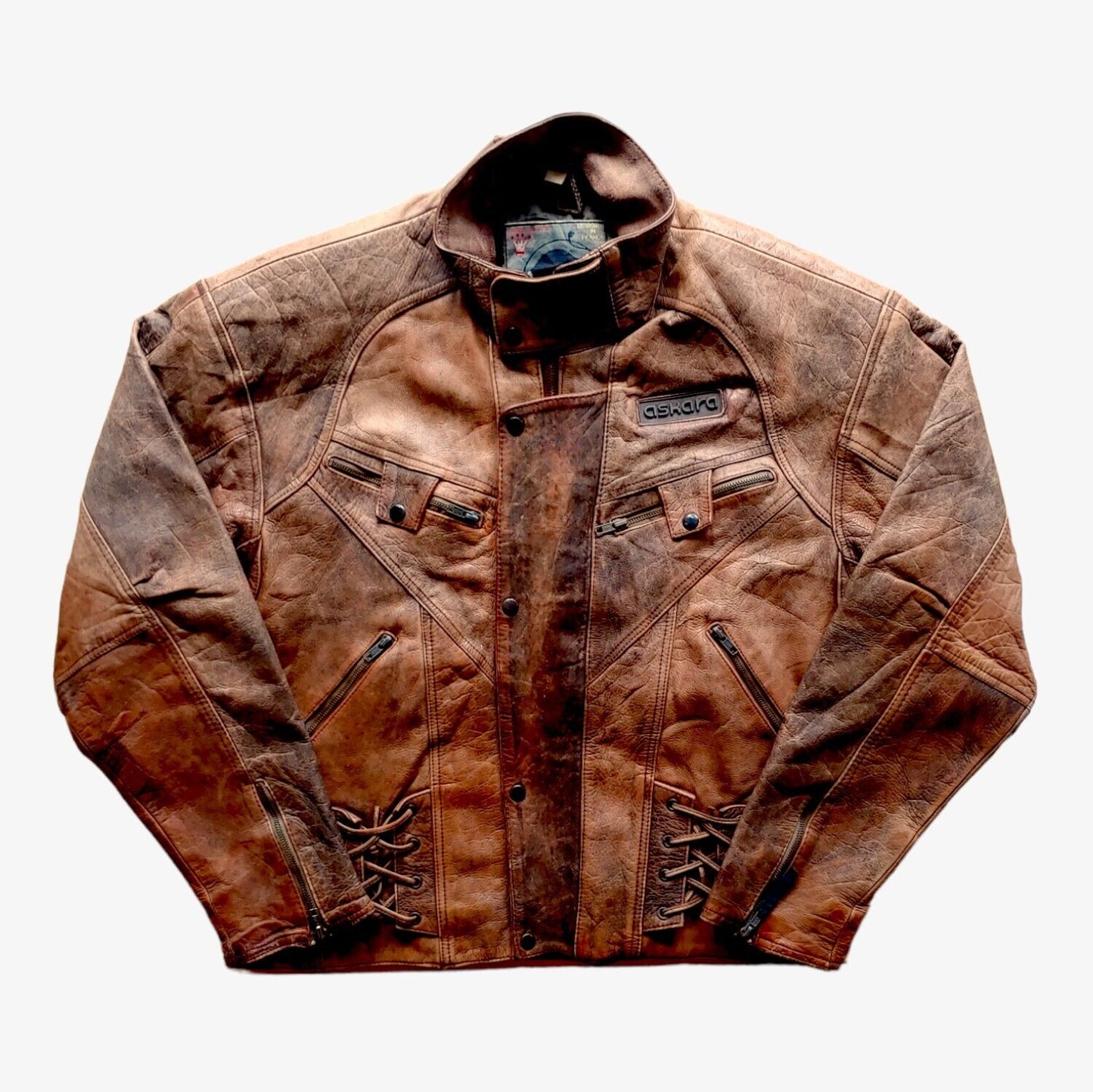 Vintage 1990s Askara Paris Leather Biker Jacket With Big Back Embroidered Bull Front - Casspios Dream