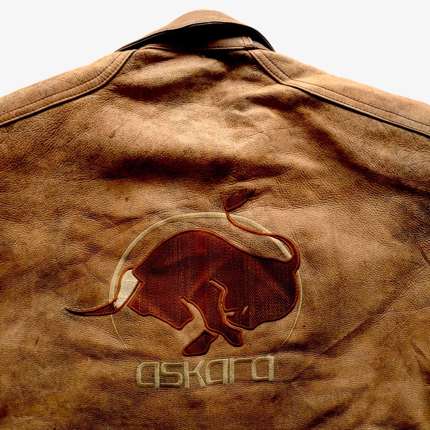 Vintage 1990s Askara Paris Leather Biker Jacket With Big Back Embroidered Bull Motif - Casspios Dream